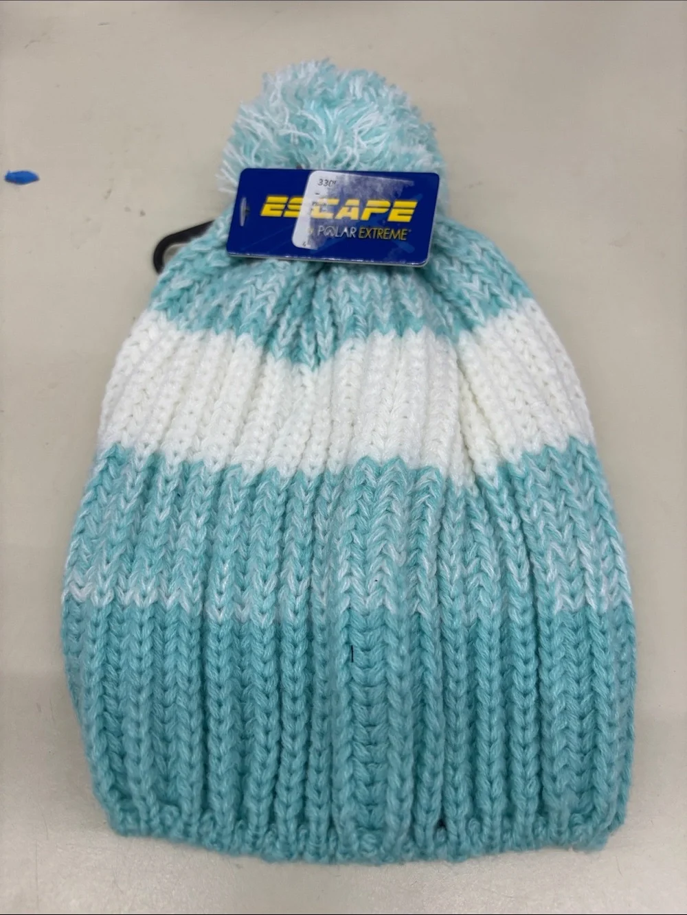 NWT Escape Polar Extreme Women's Striped Pom Beanie in Light Blue and White